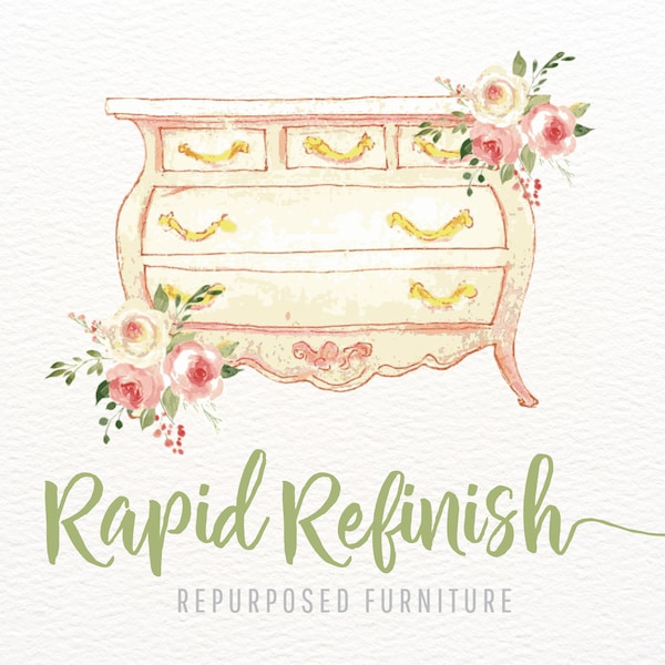 Dresser with Watercolor Flowers, Logo Design, Vintage Furniture Logo, Rustic Watercolor Furniture Painting, Premade Logo, Painter Logos