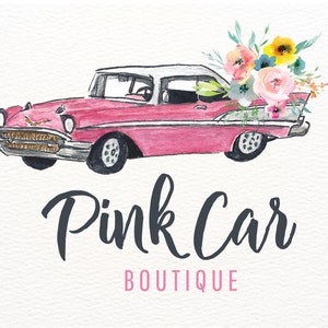 Vintage Car Logo, Old Car Logo, Watercolor Flowers, Antique Car Logo Design, Pink Car Logos, Florist Logo, Premade Logo, Auto Logo Designs