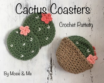 Cactus coaster PATTERN, crochet pattern for succulent coasters with jute holder, PDF download, DIY cactus with flowers coaster set