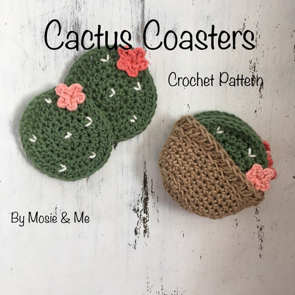 Cactus coaster PATTERN, crochet pattern for succulent coasters with jute holder, PDF download, DIY cactus with flowers coaster set