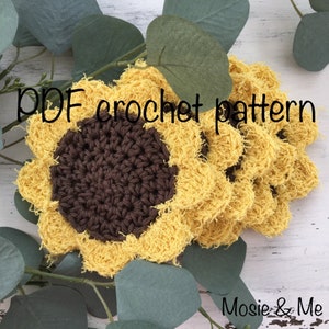SUNFLOWER SCRUBBY/COASTER crochet pattern, farmhouse kitchen decor, gentle face scrubby, sunflower coasters, pattern for sunflower scrubbies