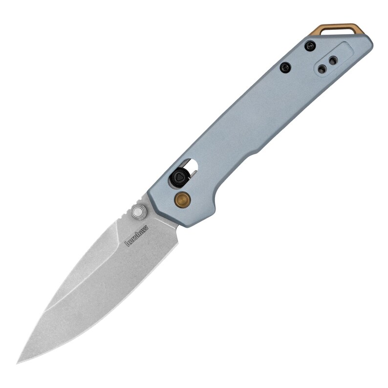 May include: A light blue folding knife with a silver blade. The knife has a pocket clip and a thumb stud for easy opening. The handle is a light blue color with black and brass accents. The blade is approximately 3 inches long.