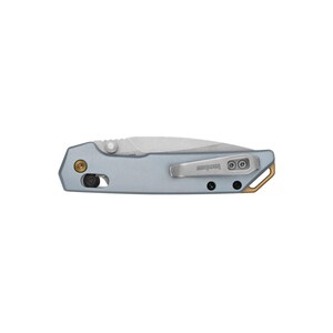 May include: A light blue folding knife with a silver blade and a pocket clip. The knife has a gold-colored accent near the end and a black button. The brand name "Kershaw" is visible on the clip.