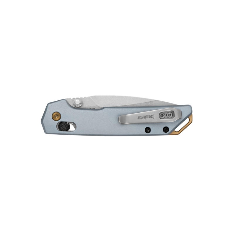 May include: A light blue folding knife with a silver blade and a pocket clip. The knife has a gold-colored accent near the end and a black button. The brand name "Kershaw" is visible on the clip.