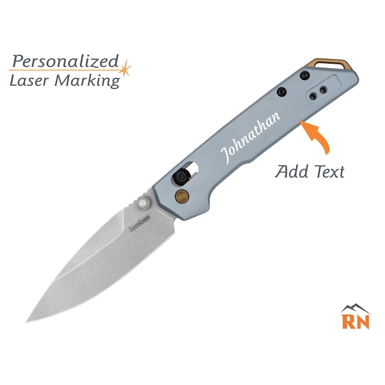 May include: A light gray folding knife with a silver blade. The knife has the name "Johnathan" engraved on the handle. The text "Add Text" and "Personalized Laser Marking" are also visible.