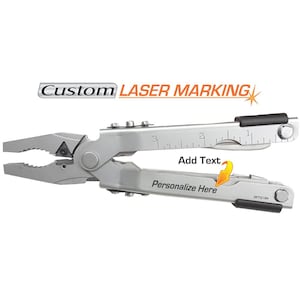 May include: Silver multi-tool pliers with a ruler and a blade. The tool has a black handle and a laser marking area that says "Personalize Here".  Custom LASER MARKING.