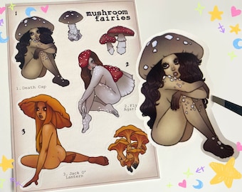 MUSHROOM FAIRIES Sticker Sheet - 6 dark fantasy poisonous mushroom cottagecore forest stickers for journaling, laptop decal, polco deco