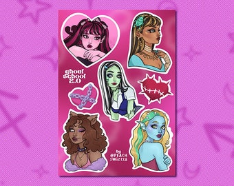GHOUL SCHOOL Sticker Bogen - 7 gothy Monster Mädchen High School Aufkleber für Journaling, Laptop Aufkleber, Polco Deco