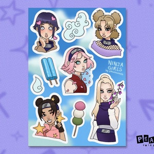 NINJA GIRLS Sticker Sheet - 9 anime girls stickers for journaling, laptop decal, polco deco, sakura, ino, hinata, tenten, tamari