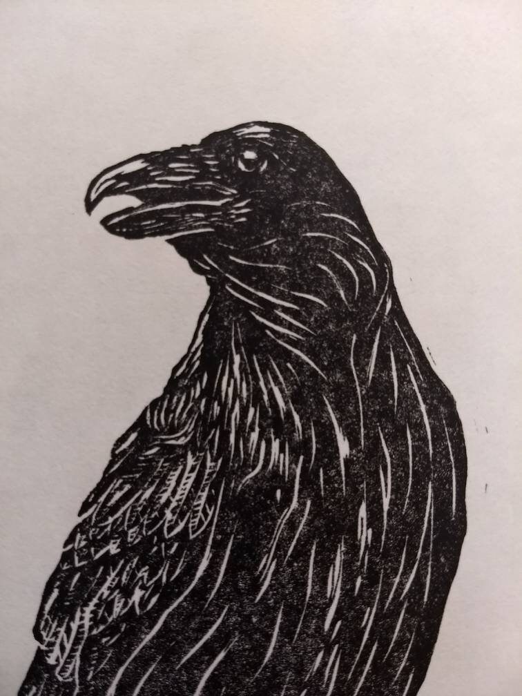 Raven. Original Hand Burnished Linocut Print. Etsy