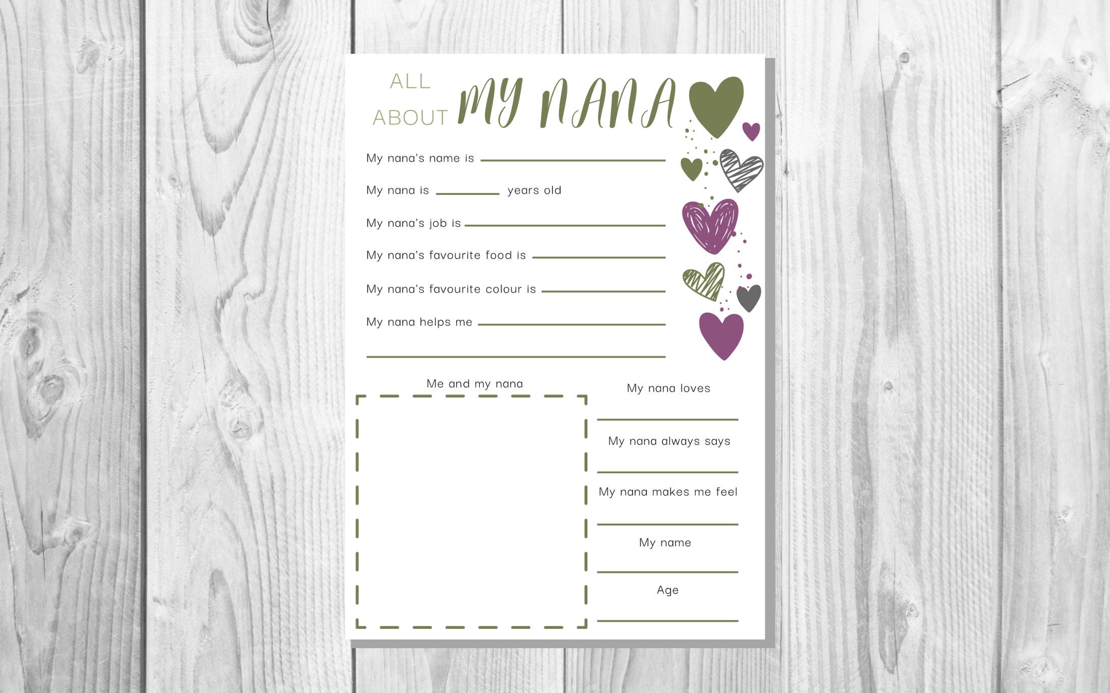All About My Nana Printable Quiz Green and Purple Hearts Design - Etsy