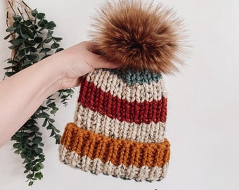 Ready to Ship Wool Hat - Chunky Toque - Winter Hat - Double Brim - Striped Hat - Pom Pom Hat