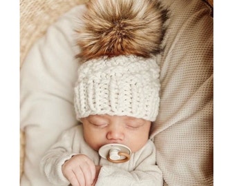 Baby Pom Pom Beanie  - Baby Gift - The Olive Beanie - Knit Winter Hat - Baby Pom Hat - Winter Hat Baby - Baby Shower