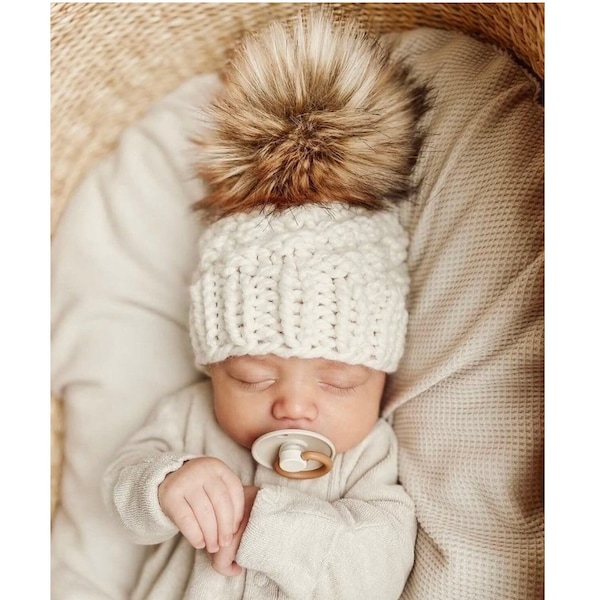 Baby Pom Pom Beanie  - Baby Gift - The Olive Beanie - Knit Winter Hat - Baby Pom Hat - Winter Hat Baby - Baby Shower