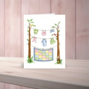 Baby Shower Must-Have: Cute Laundry Watercolor Note Card with Quilt and Clothesline Design
