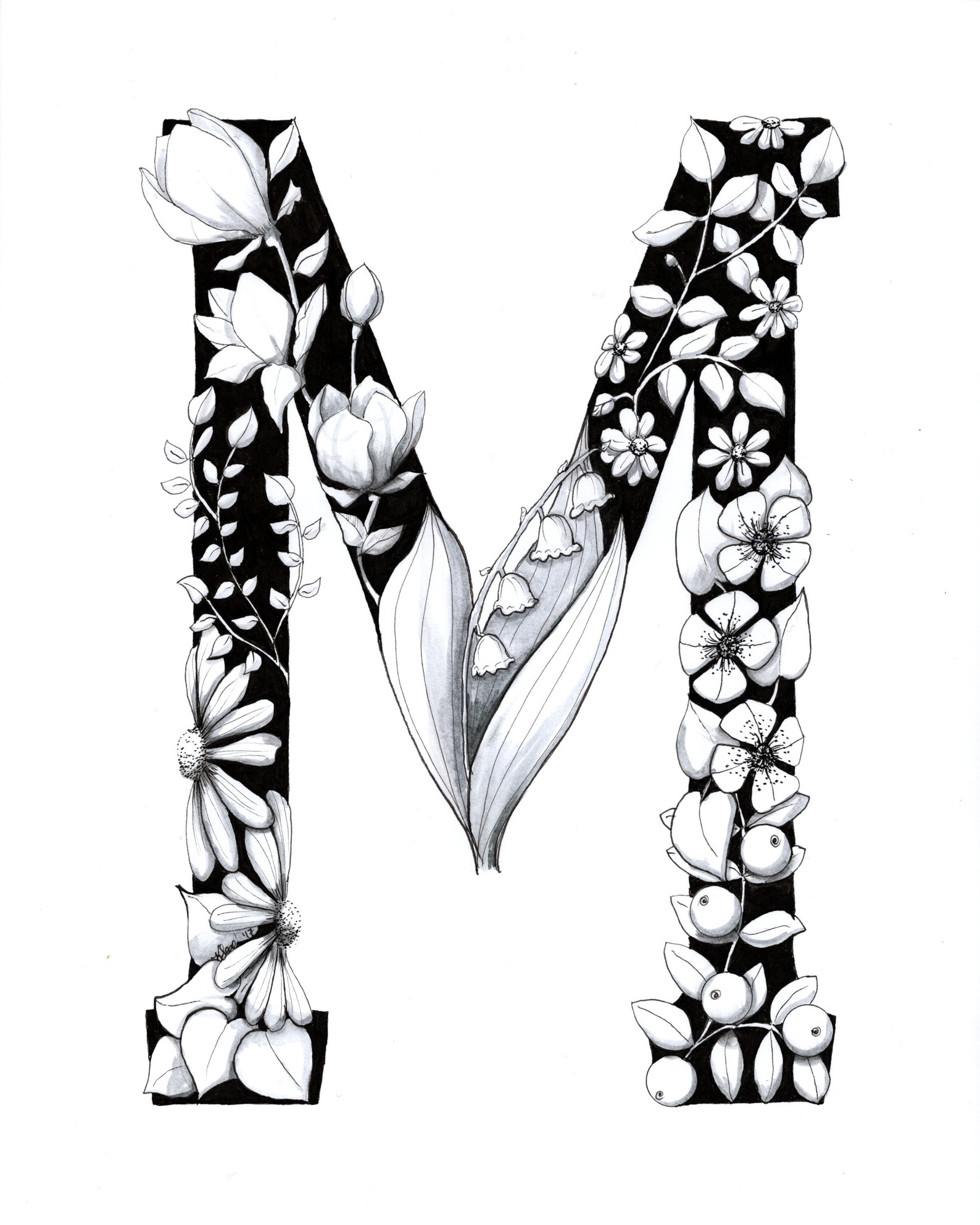 printable monogram letter m digital print hand drawn pen