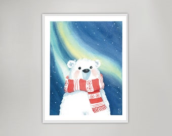 Polar bear note card with northern lights