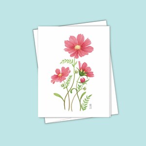 Carte de correspondance rose fleur de cosmos - Art botanique aquarelle fantaisiste - Carte de voeux vierge pour les amateurs de jardin