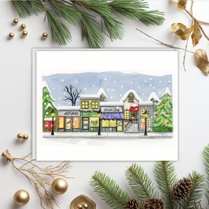 Carte de Noël, rue des Fêtes, magasinage local, vierge à l'intérieur avec enveloppe