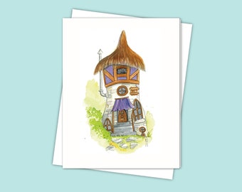 Charming Humble Demeure : carte de correspondance originale à l'aquarelle pour pendaison de crémaillère