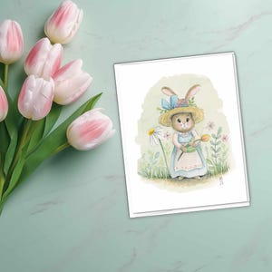 Carte de correspondance de lapin de Pâques - aquarelle printanière mignonne, carte de voeux A2 vierge avec enveloppe