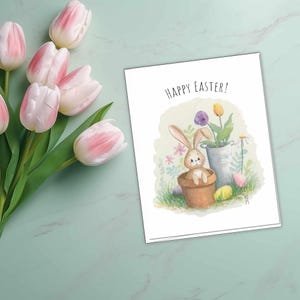 Jardin de Pâques - Carte de correspondance vierge lapin fantaisiste et tulipe