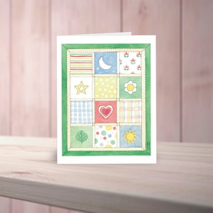 Carte de correspondance pour couverture de bébé : illustration de courtepointe aquarelle pastel doux avec symboles doux et motifs délicats