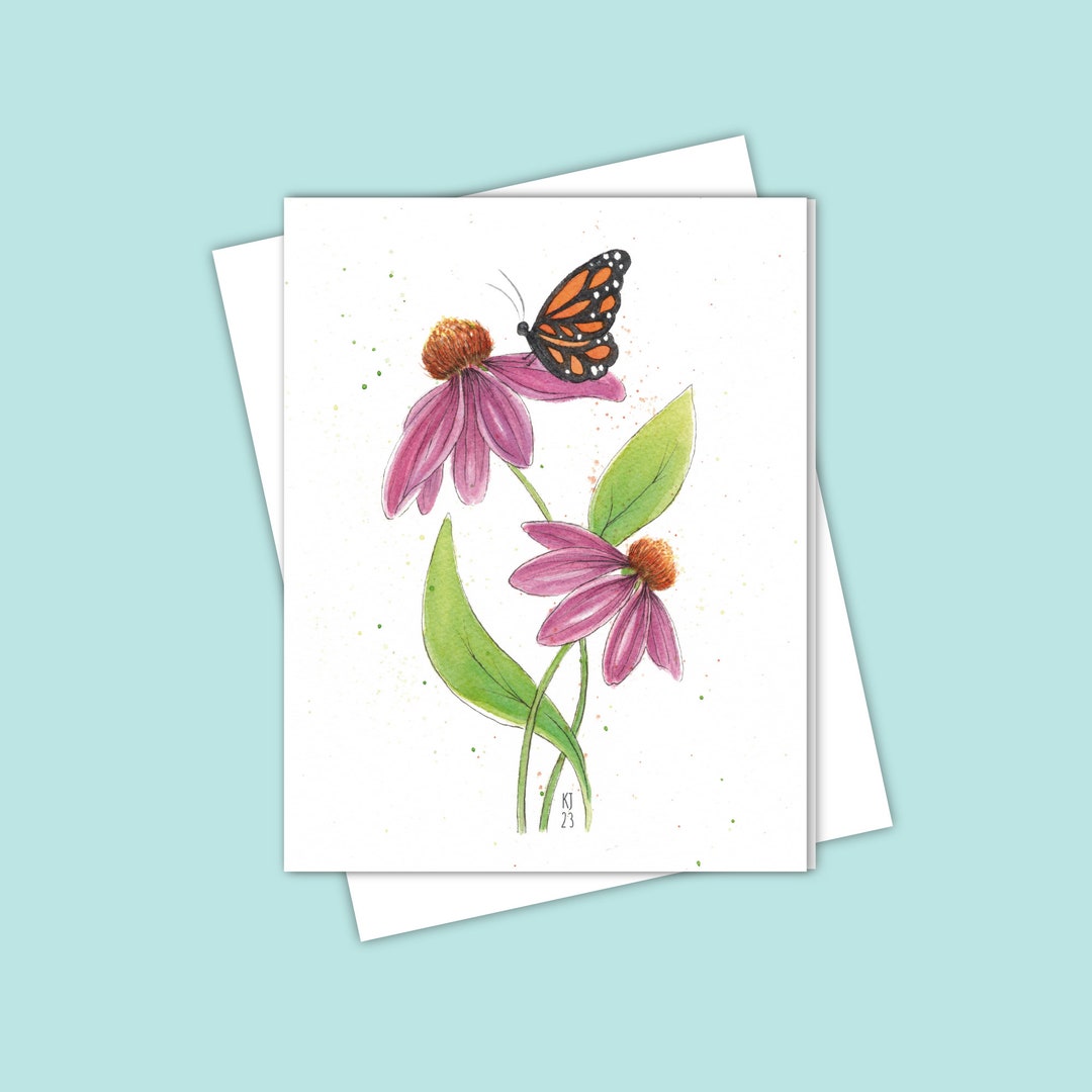 Monarch Butterfly Note Card With Purple Coneflower Watercolour ...