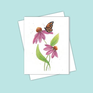 Carte de correspondance de papillon monarque avec illustration aquarelle d'échinacée pourpre