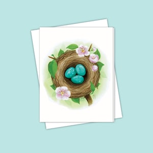 Robin Nest - Carte de correspondance vierge inspirée de la nature avec des œufs et des fleurs bleus