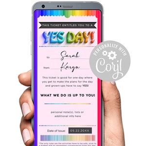 Yes Day Ticket Fun Day Best Day Ever Gift Certificate Template Fun Experience Printable 5x7 & Digital Invitation Text Send as a text Invite
