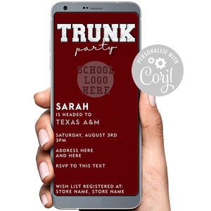 Graduation Trunk Party Going off to College Party Text Invite Chenille Embroidered Letters Maroon Crimson Red Template text Invitation