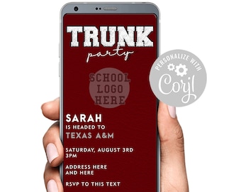 Graduation Trunk Party Going off to College Party Text Invite Chenille Embroidered Letters Maroon Crimson Red Template text Invitation