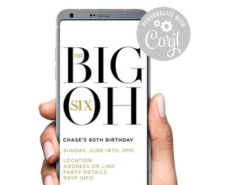 The BIG 60 Party Six 0 Sixty Sixtieth Birthday Text Invite Template Digital Invitation Save paper template Surprise Party Gold Black 60th