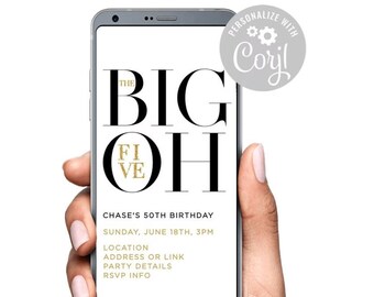 The BIG 50 Party Five 0 Fifty 50th Birthday Text Invite Template Digital Invitation Save paper template Surprise Party Gold Black fiftieth