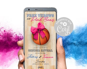 Free Throws or Pink Bows Gender Reveal Party Invitation Digital Invite Text Invitation Template Printable 5x7 & Digital Basketball He or She