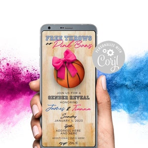 Könnte beinhalten: Eine digitale Einladung zu einer Gender Reveal Party mit einem Basketball und einer rosafarbenen Schleife. Der Text lautet "Free Throws or Pink Bows" und "Join us for a Gender Reveal honoring James & Tianna".