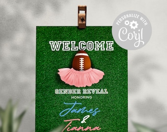 Welcome Poster Touchdowns and Tutus Gender Reveal Corjl Template Edit Yourself Pink or Blue Football theme party Baby Shower Baby Sprinkle