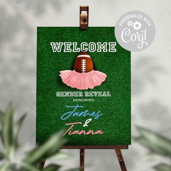 Welcome Poster Touchdowns and Tutus Gender Reveal Corjl Template Edit Yourself Pink or Blue Football theme party Baby Shower Baby Sprinkle