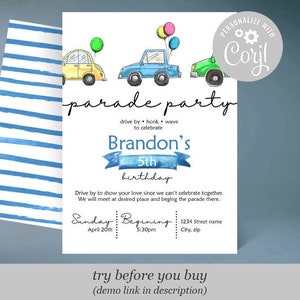 May include: A blue and white birthday party invitation with a watercolour design of cars and balloons. The invitation says "parade party" and "Brandon's 5th birthday".