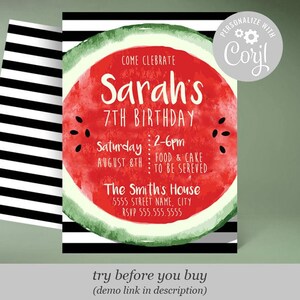 Watermelon Birthday Theme Printable 5x7 Invitation Watermelon Theme Birthday Party Black White Stripe Try Before You Buy Corjl Template