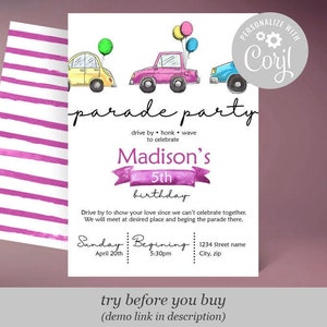 May include: A pink and white birthday party invitation with a watercolour design of cars and balloons. The invitation says "parade party" and "Madison's 5th birthday". The invitation also includes the date, time, and location of the party.