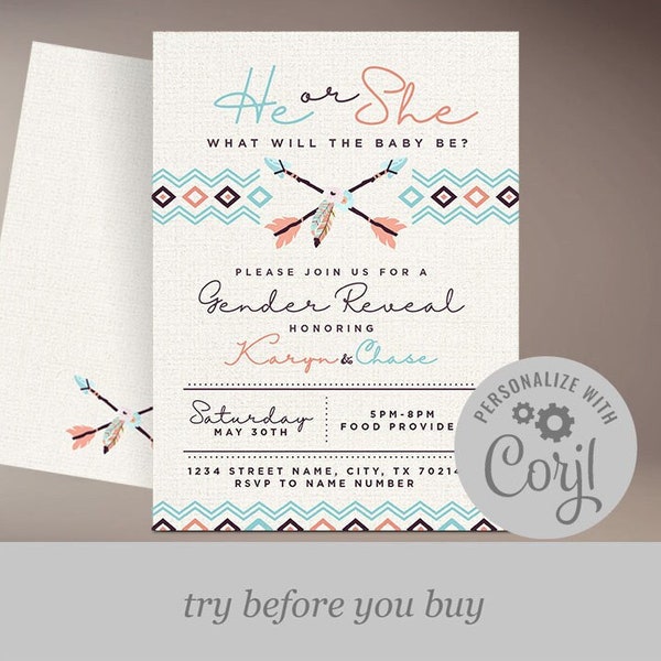 Bows or Arrows Gender Reveal Baby Shower Template with Corjl Invitation Try before you buy