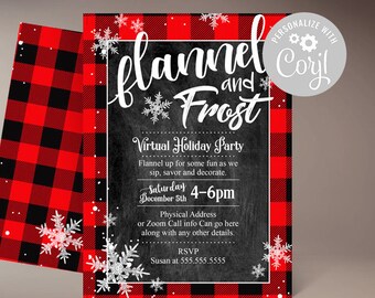 May include: A holiday party invitation with a red and black plaid pattern. The invitation features the words "flannel and Frost" in white script, along with details for a virtual holiday party, including the date, time, and RSVP information.