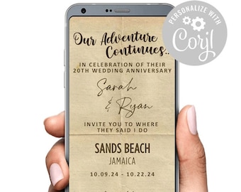 Our Adventure Continues Digital Invitation Old World Map Old paper look Anniversary Destination Wedding Trip Template Try Before You Buy