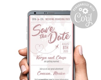 Save the Date Destination Wedding Boarding Pass Plane Ticket theme World Map Text Invitation Corjl Template Try Before You Buy | Passport