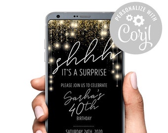 SHHH È una festa a sorpresa Compleanno SMS Testo Invito digitale Invito Evita Luci stringa d'oro Oro nero Prova prima di acquistare Modello Corjl