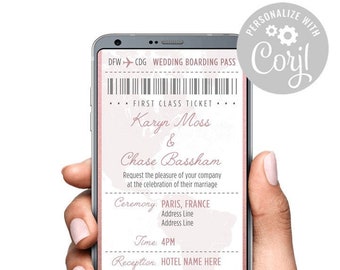 Destination Wedding Boarding Pass Wedding Invitation Text Digital Electronic Invite | Rose Gold World Map Corjl Try Before You Buy Template