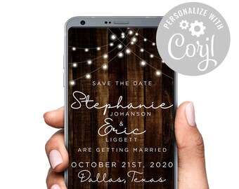 Wood Western String Lights Wedding We&#39;re Engaged Text SMS Digital Electronic Invitation Invite Evite Try Before you Buy Corjl Template