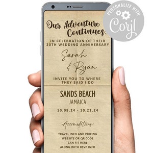Könnte beinhalten: Eine digitale Einladung zu einer 20-jährigen Hochzeitsfeier. Die Einladung ist im rustikalen Vintage-Stil gehalten und zeigt den Text "Our Adventure Continues..." zur Feier des 20-jährigen Hochzeitstages von Sarah & Ryan. Die Einladung enthält den Ort, Sands Beach, Jamaika, und die Daten 10.09.24 - 10.22.24. Die Einladung enthält auch den Text "Accomedations:" und Informationen zu Reise und Preisen.